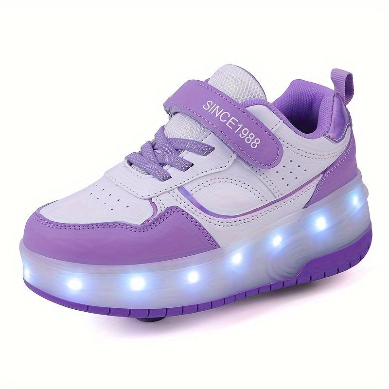 Children's roller sneakers featuring LED lights, removable wheels, and a breathable, durable design perfect for indoor and outdoor play. 2
